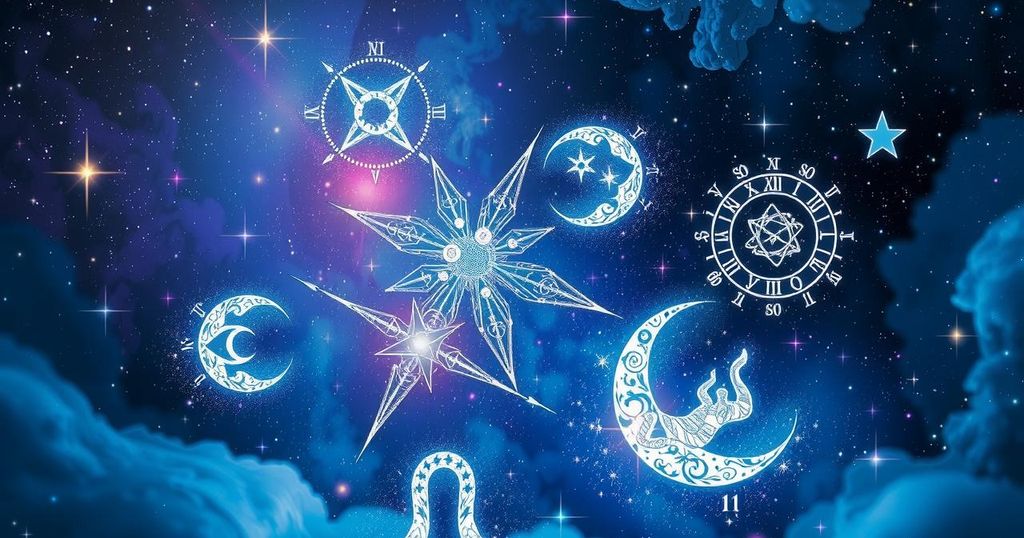 Astrological symbols floating in a cosmic background with stars, representing daily horoscopes and zodiac signs.