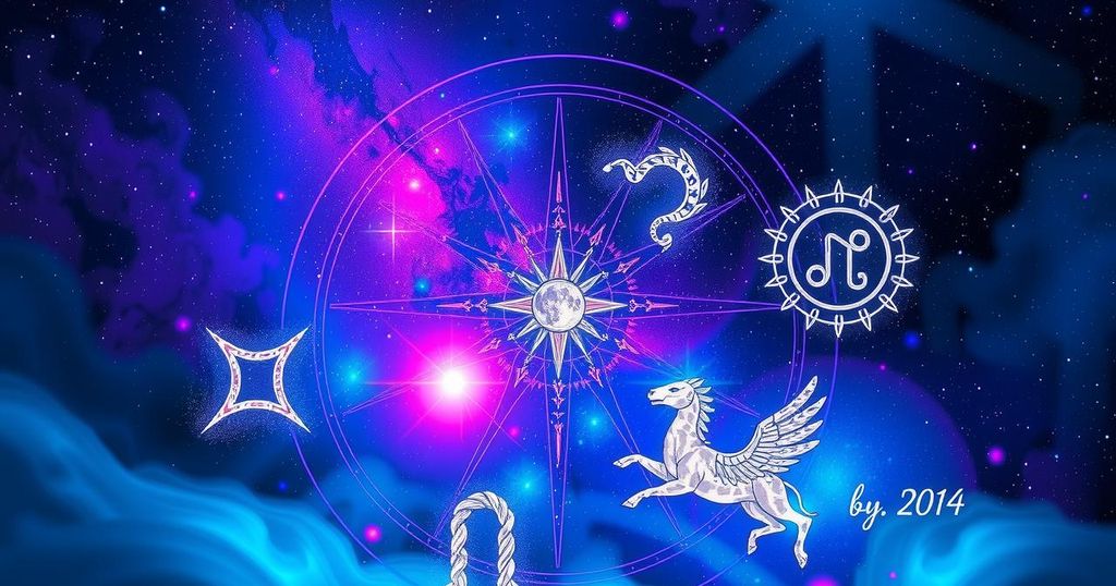 Astrological symbols and zodiac signs with colourful starry background representing spiritual connection and personal growth.