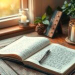 A serene journal open on a desk surrounded by soft, warm light and calm colours, symbolising self-reflection.
