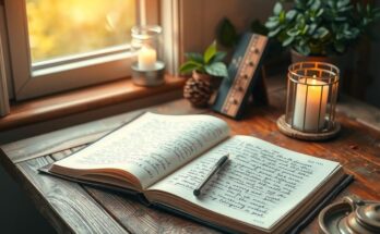 A serene journal open on a desk surrounded by soft, warm light and calm colours, symbolising self-reflection.