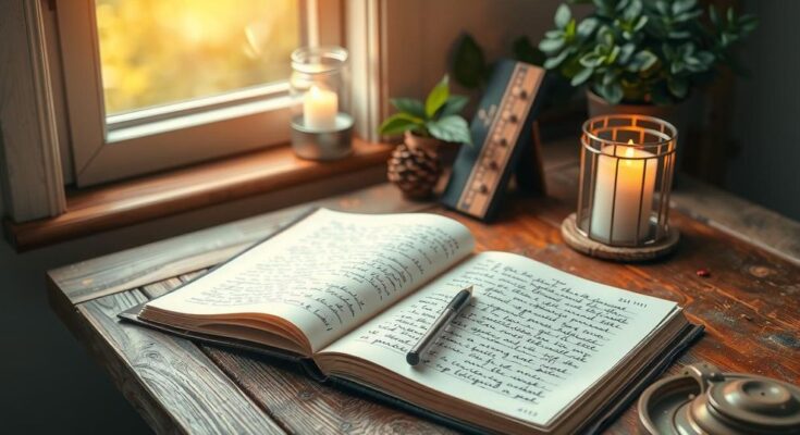A serene journal open on a desk surrounded by soft, warm light and calm colours, symbolising self-reflection.