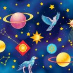 Astrological symbols and celestial bodies in vibrant hues illustrating cosmic connections and creativity.