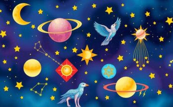 Astrological symbols and celestial bodies in vibrant hues illustrating cosmic connections and creativity.