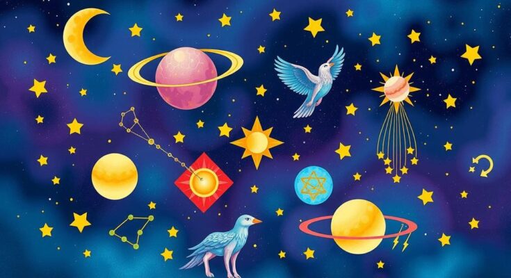 Astrological symbols and celestial bodies in vibrant hues illustrating cosmic connections and creativity.