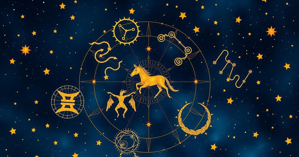 Astrological symbols, stars and zodiac constellations on a cosmic background in rich blues and golds.