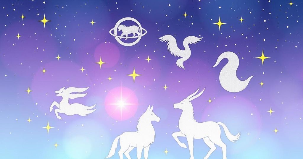 Astrological signs with celestial theme, featuring stars and zodiac symbols in soft pastel colours.