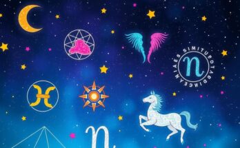 Astrological symbols and zodiac signs in a cosmic night sky with twinkling stars and soft hues of blue and purple.
