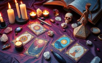 A mystical tarot spread with various cards representing zodiac signs, surrounded by candles and crystals.