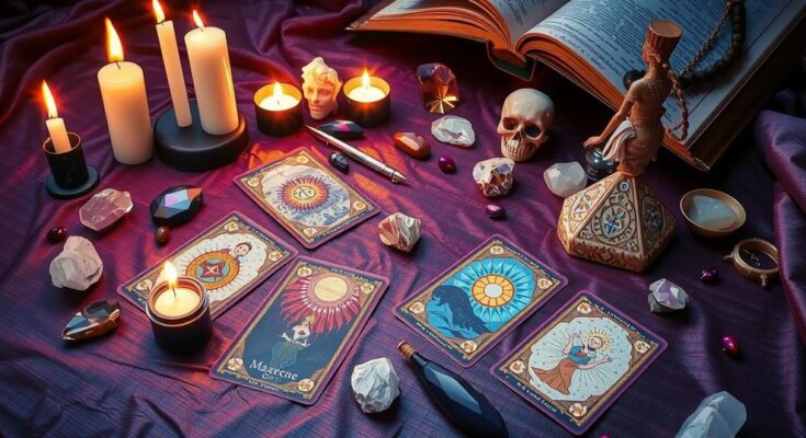 A mystical tarot spread with various cards representing zodiac signs, surrounded by candles and crystals.