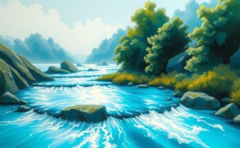 A serene landscape featuring aqua blue tones, symbolising trust and harmony for Aquarius, with a clear sky and gentle waves.