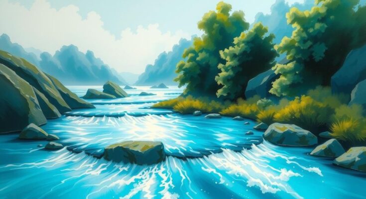 A serene landscape featuring aqua blue tones, symbolising trust and harmony for Aquarius, with a clear sky and gentle waves.