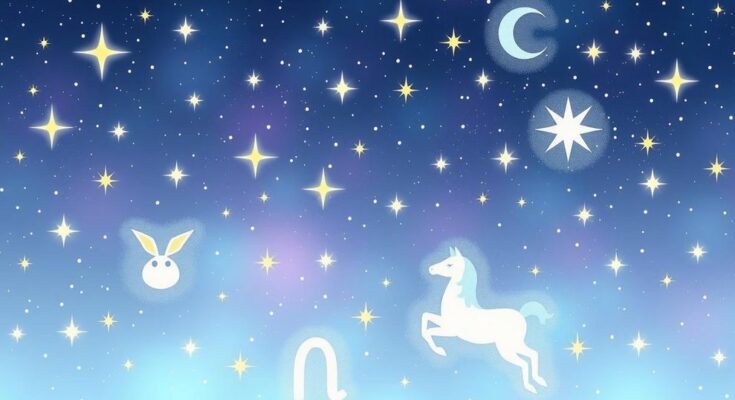 Celestial scene with stars and zodiac symbols representing harmony and positive energy in astrology.