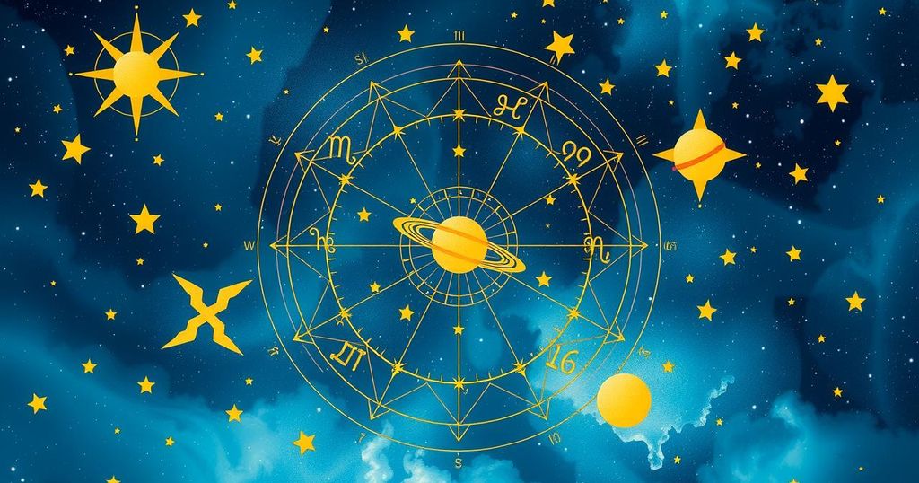 A celestial scene depicting zodiac symbols and planetary alignments with vibrant colours.
