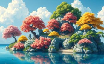 A vibrant island landscape with whimsical trees, flowers, and tranquil water, embodying a cheerful gaming vibe.