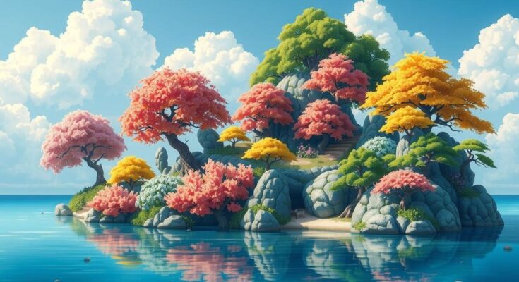 A vibrant island landscape with whimsical trees, flowers, and tranquil water, embodying a cheerful gaming vibe.