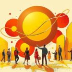 A radiant sun illuminating a vibrant community of abstract forms, symbolizing goals and social connections.