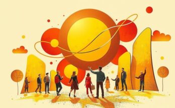 A radiant sun illuminating a vibrant community of abstract forms, symbolizing goals and social connections.