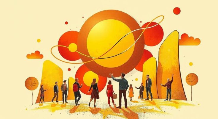 A radiant sun illuminating a vibrant community of abstract forms, symbolizing goals and social connections.