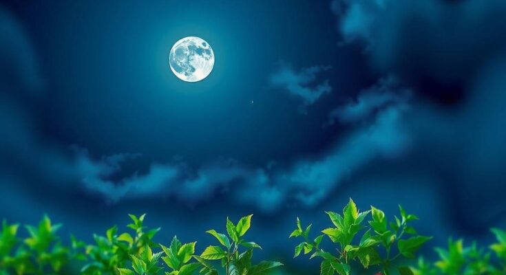 Serene night sky with a glowing first quarter moon and lush greenery, symbolizing energy and clarity for career goals.