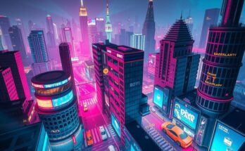 Conceptual art of a virtual cityscape inspired by a popular video game, featuring vibrant neon colours and stunning graphics.