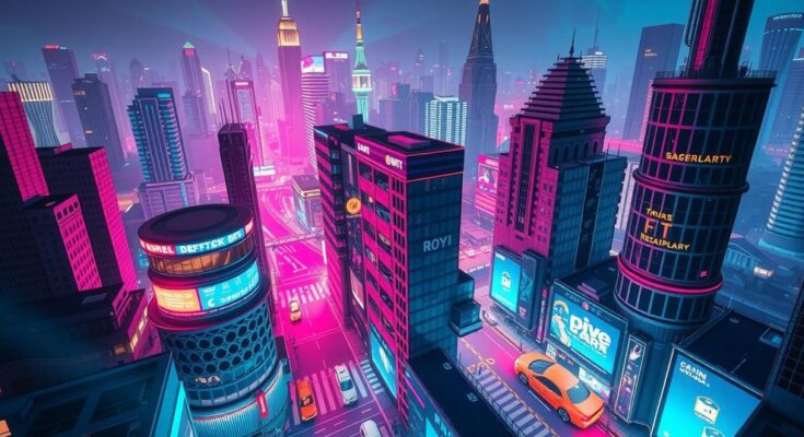 Conceptual art of a virtual cityscape inspired by a popular video game, featuring vibrant neon colours and stunning graphics.