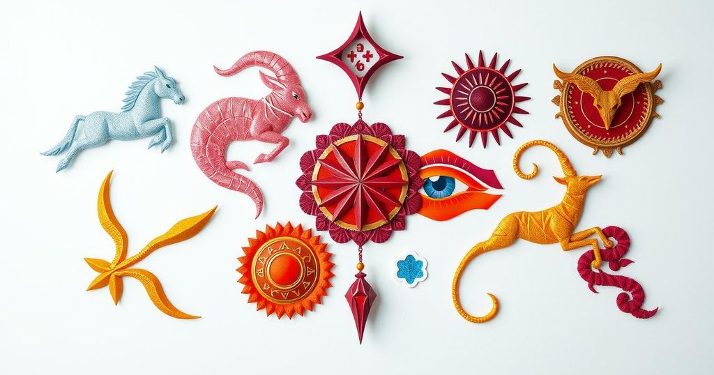 Astrological symbols and zodiac signs illustrated in vibrant colours, representing daily horoscope themes and energies.
