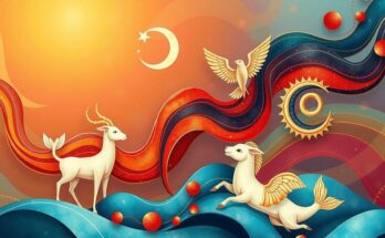 Astrological symbols from Aries to Pisces with vibrant seasonal colours, conveying love and creativity themes.