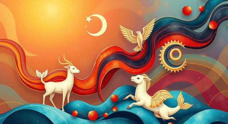 Astrological symbols from Aries to Pisces with vibrant seasonal colours, conveying love and creativity themes.