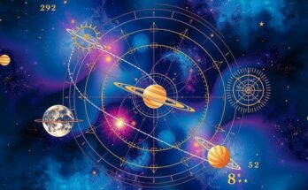 Astrological symbols and planetary alignments with a cosmic background for weekly horoscope