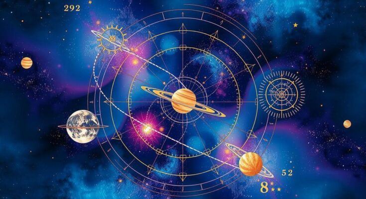 Astrological symbols and planetary alignments with a cosmic background for weekly horoscope