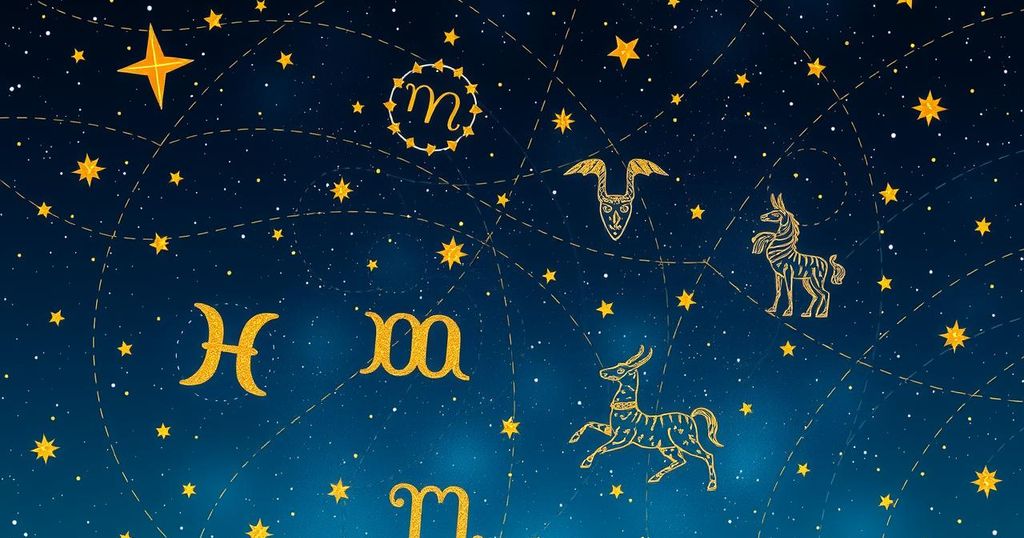A vibrant celestial scene depicting zodiac signs against a starry night sky, emphasizing astrological connections.
