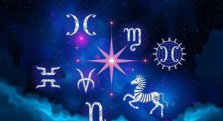 Astrologically themed artwork featuring zodiac signs against a cosmic background, rich blues and purples.