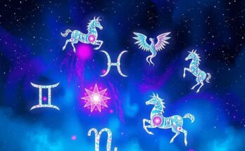 A celestial representation of zodiac signs with astrological symbols and vibrant cosmic colours.