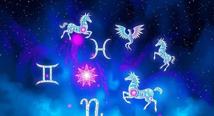 A celestial representation of zodiac signs with astrological symbols and vibrant cosmic colours.
