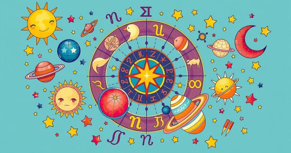 A vibrant astrology-themed calendar featuring the zodiac signs, celestial patterns, and astrological symbols in bright colours.