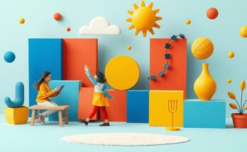 A vibrant and lively scene depicting a joyful environment with abstract representations of social interactions and community spirit.
