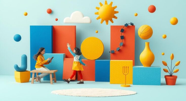 A vibrant and lively scene depicting a joyful environment with abstract representations of social interactions and community spirit.