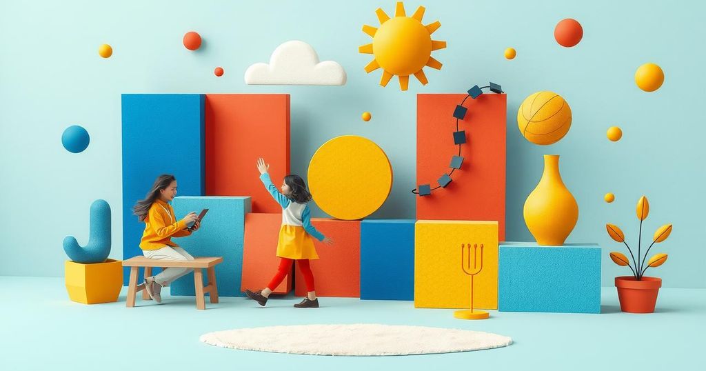 A vibrant and lively scene depicting a joyful environment with abstract representations of social interactions and community spirit.