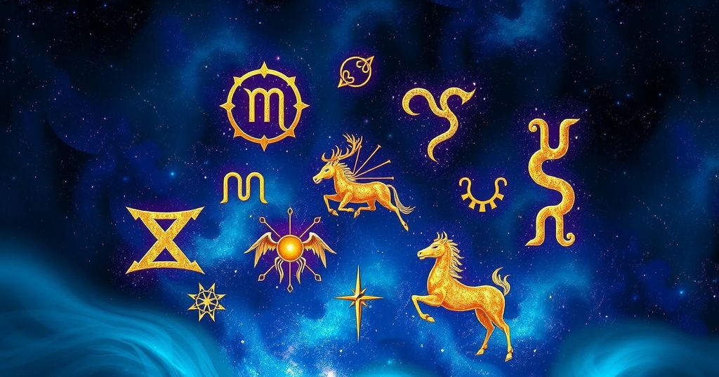 Astrological themed artwork featuring zodiac symbols with a cosmic background and vibrant colours.