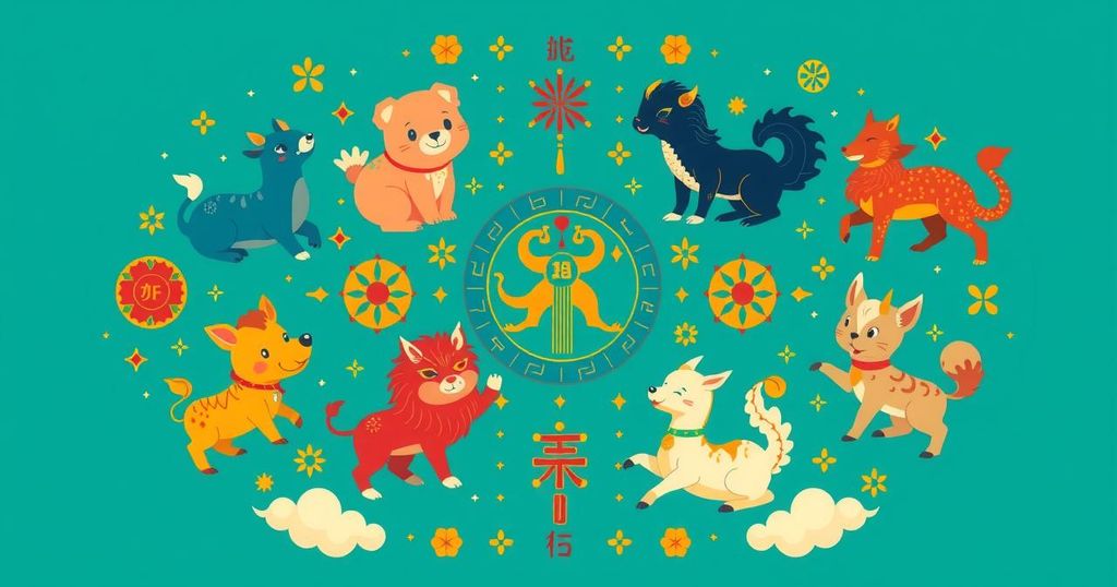 Chinese zodiac signs illustrated with vibrant colours and celestial symbols representing weekly horoscopes.