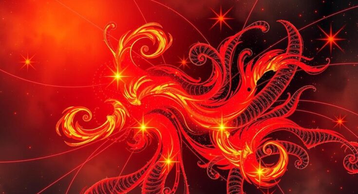 A vibrant cosmic scene featuring fiery red and orange stars, symbolising passion and creativity for fire signs.