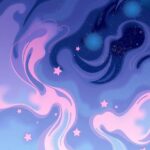 Dreamy artistic representation of creativity and romance under a starry night sky with abstract shapes.