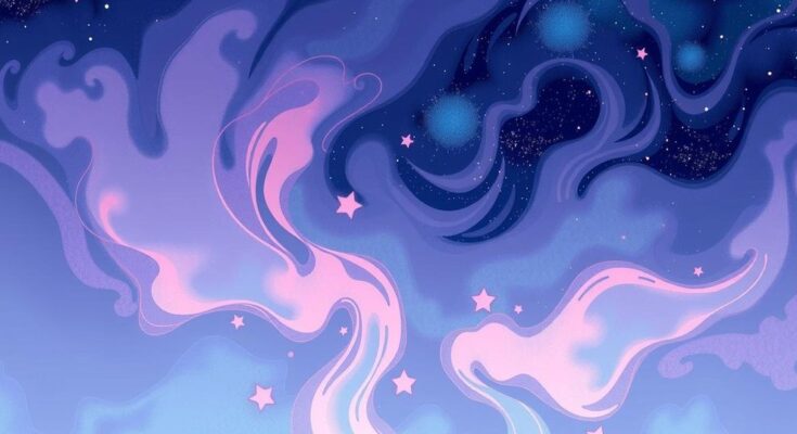 Dreamy artistic representation of creativity and romance under a starry night sky with abstract shapes.
