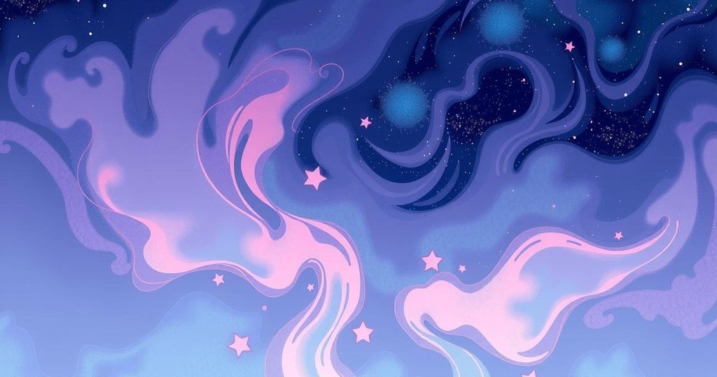 Dreamy artistic representation of creativity and romance under a starry night sky with abstract shapes.