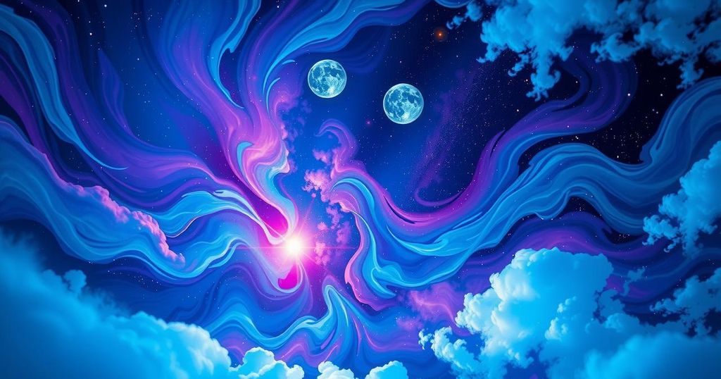 A cosmic illustration of the night sky with astrological symbols, planets, and vibrant clouds, conveying change and transformation.