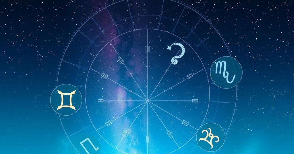 An astrological chart under starlit skies with zodiac symbols in soft pastels, representing personal growth and connections.
