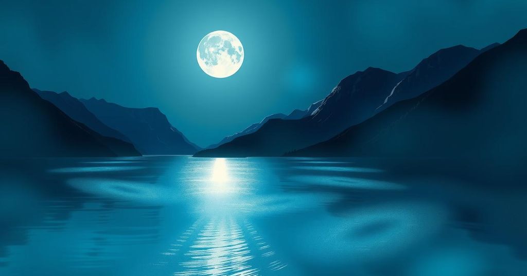 A serene nighttime sky illuminated by a full moon, with silhouettes of distant mountains and a tranquil lake reflecting the glow.