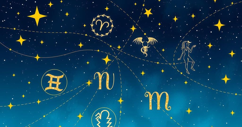 Astrological symbols with zodiac signs on a starry background, rich in deep blues and shimmering gold.