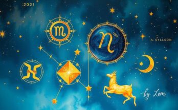 A cosmic scene depicting astrological symbols and zodiac constellations, set in celestial hues of blues and golds.