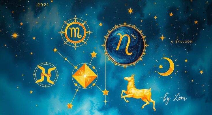 A cosmic scene depicting astrological symbols and zodiac constellations, set in celestial hues of blues and golds.
